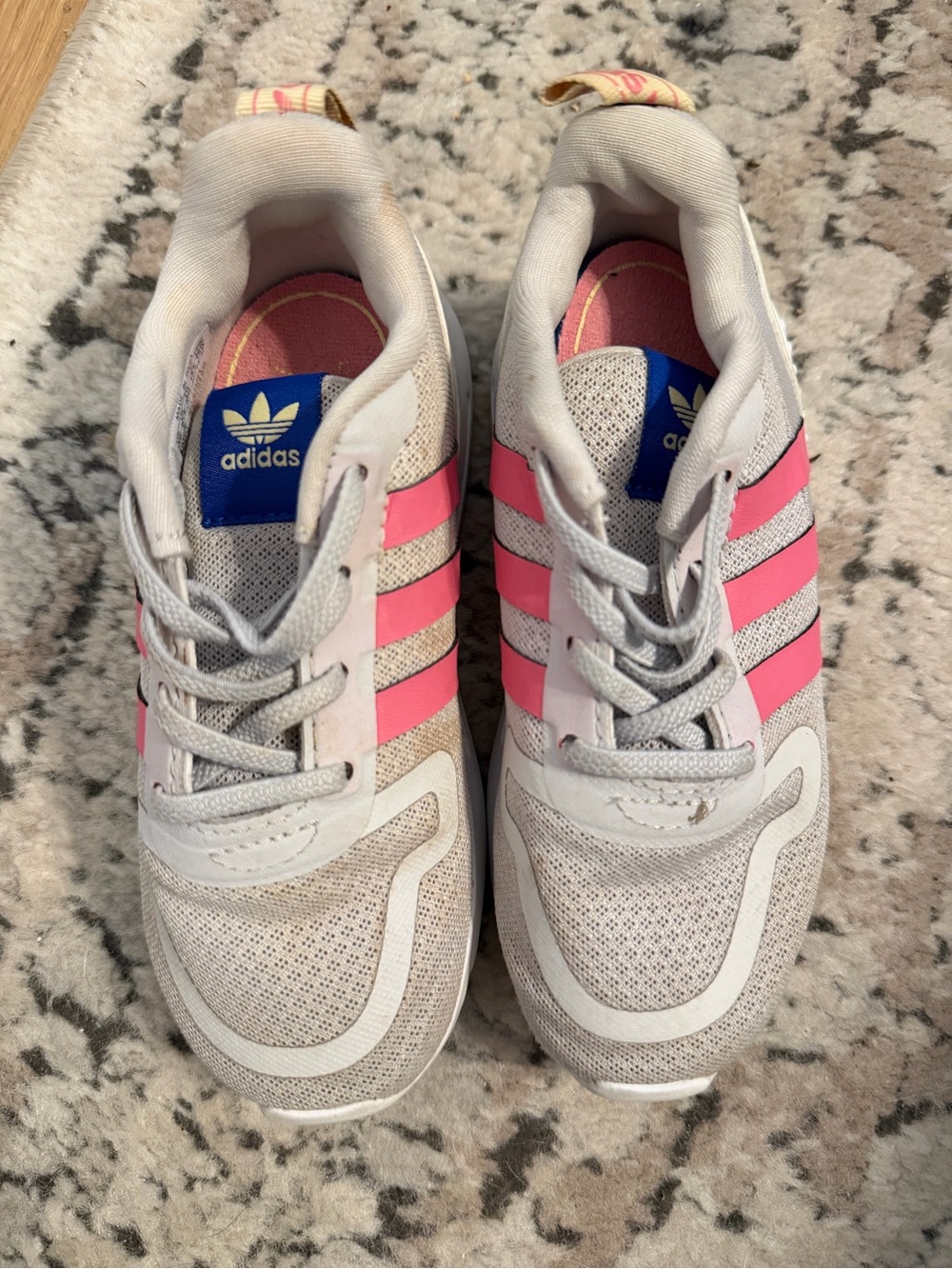 adidas girls White Sneakers with Pink Stripes and Blue Tongue Logo